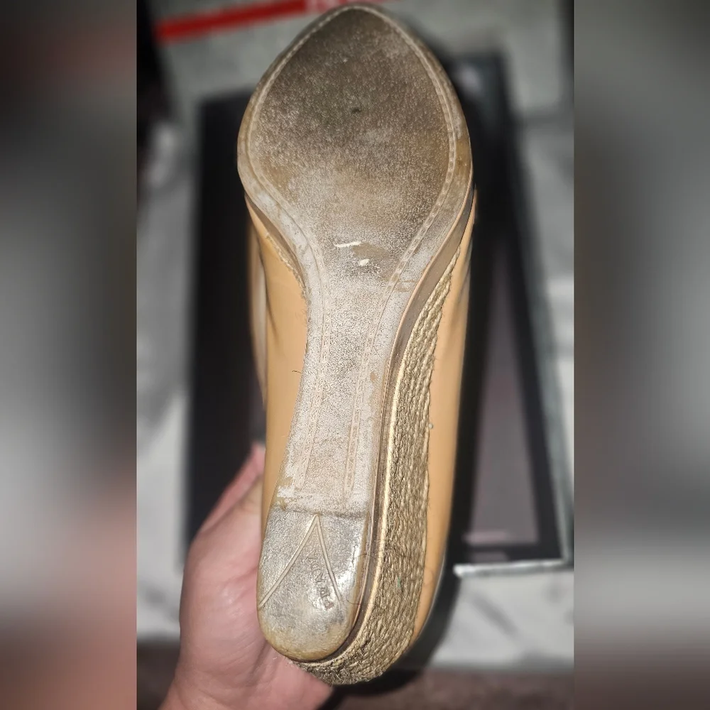 Prada Women's Nude Peep Toe Wedges - Picture 2 of 6